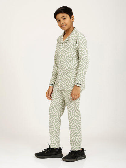 CHILINS Boys Shirt Pyjama Night Dress – Pure Cotton, White & Green
