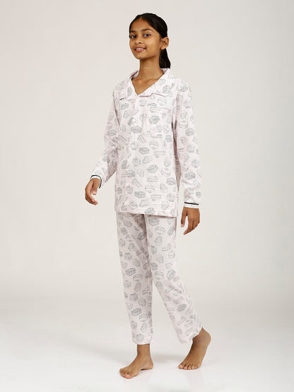 CHILINS Girls Shirt Pyjama Night Dress – Pure Cotton, Pink Foodies Print