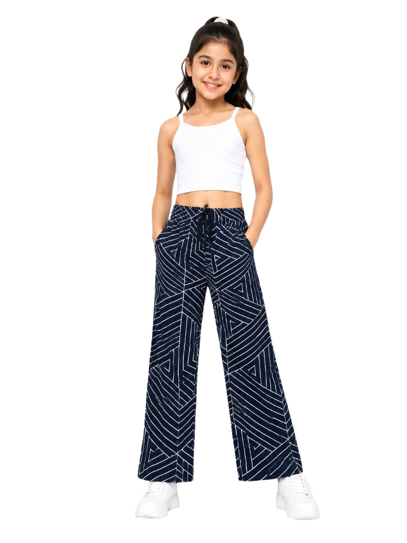 CHILINS Girls Blue Printed Lycra Spun Wide-Leg Palazzo Pants