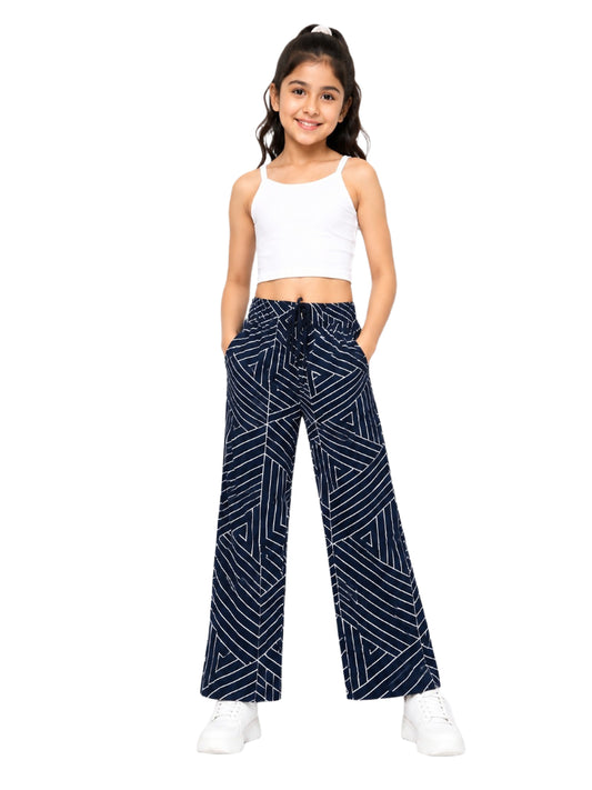 CHILINS Girls Blue Printed Lycra Spun Wide-Leg Palazzo Pants