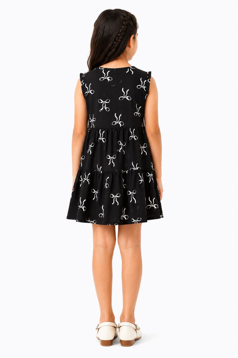 CHILINS Girls Black Bow Print Tiered Sleeveless Dress