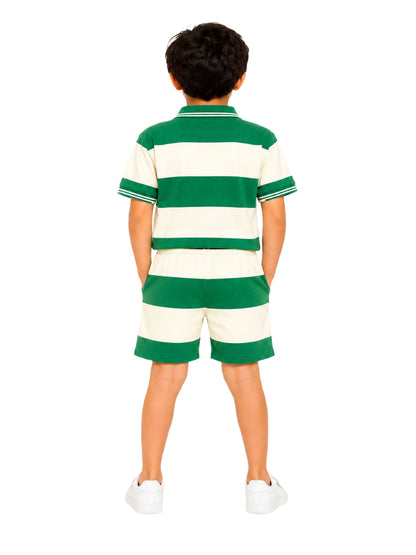 CHILINS Boys Green & White Striped Polo T-Shirt & Shorts Set