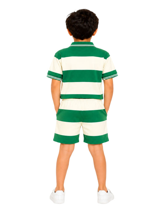 CHILINS Boys Green & White Striped Polo T-Shirt & Shorts Set