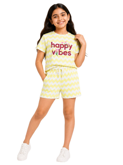 CHILINS Girls Light Green & Grey T-Shirt & Shorts Set | Kids Casual Wear