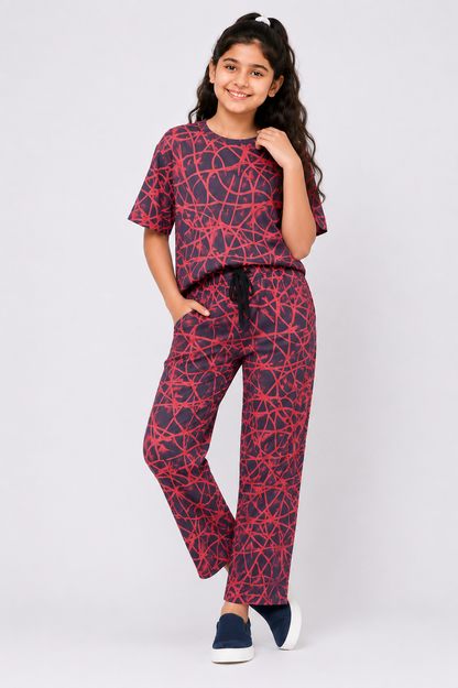 CHILINS Girls Red & Black Printed T-Shirt & Palazzo Pants Co-Ord Set – Casual Wear