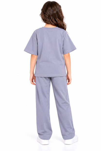 CHILINS Girls Purple Co-Ord Set | Oversized T-Shirt & Wide-Leg Pants