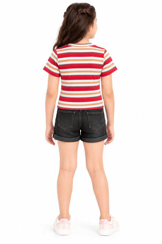 CHILINS Girls Red, White & Beige Striped Crop Top | Short Sleeve Round Neck Casual Top
