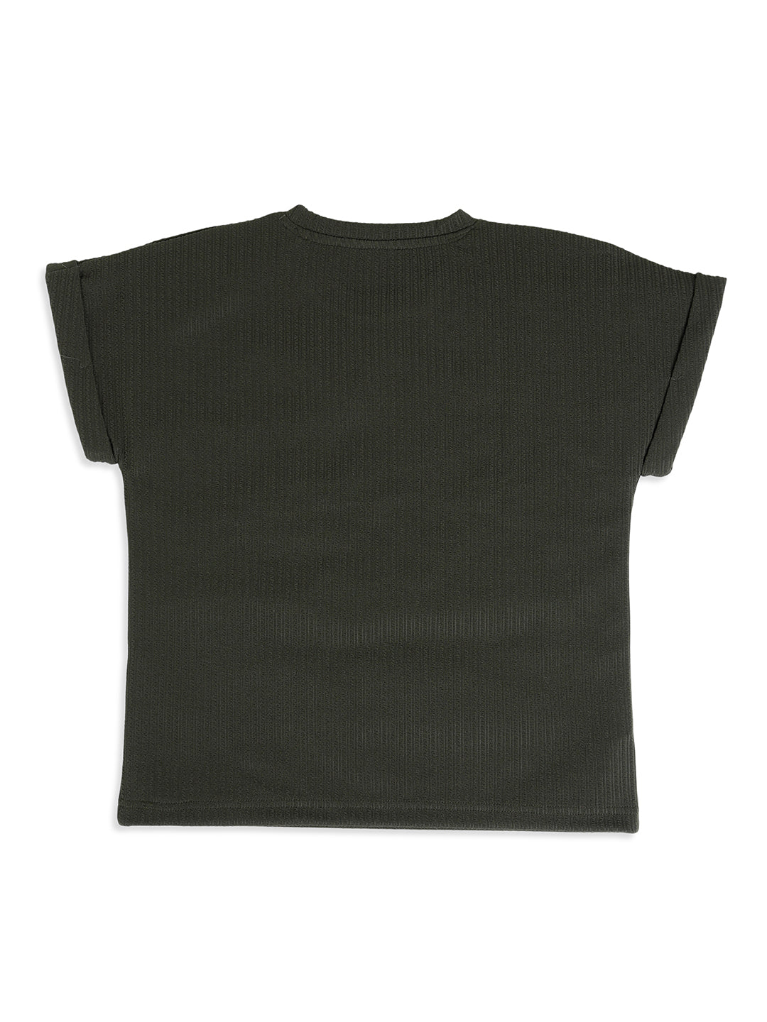 CHILINS Kids Olive Green Textured T-Shirt | Polyester Blended Ribbed Casual Top for Boys & Girls
