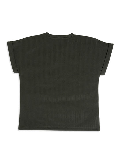 CHILINS Kids Olive Green Textured T-Shirt | Polyester Blended Ribbed Casual Top for Boys & Girls