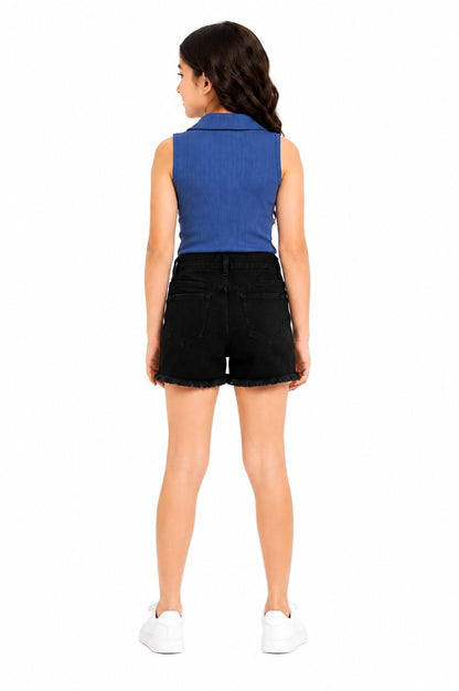 CHILINS Girls Blue Sleeveless Ribbed Collared Top