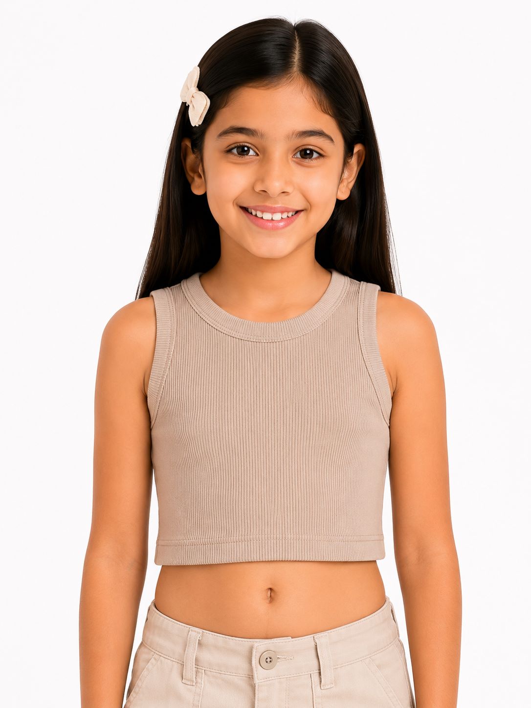 CHILINS Girls Beige Ribbed Sleeveless Crop Top