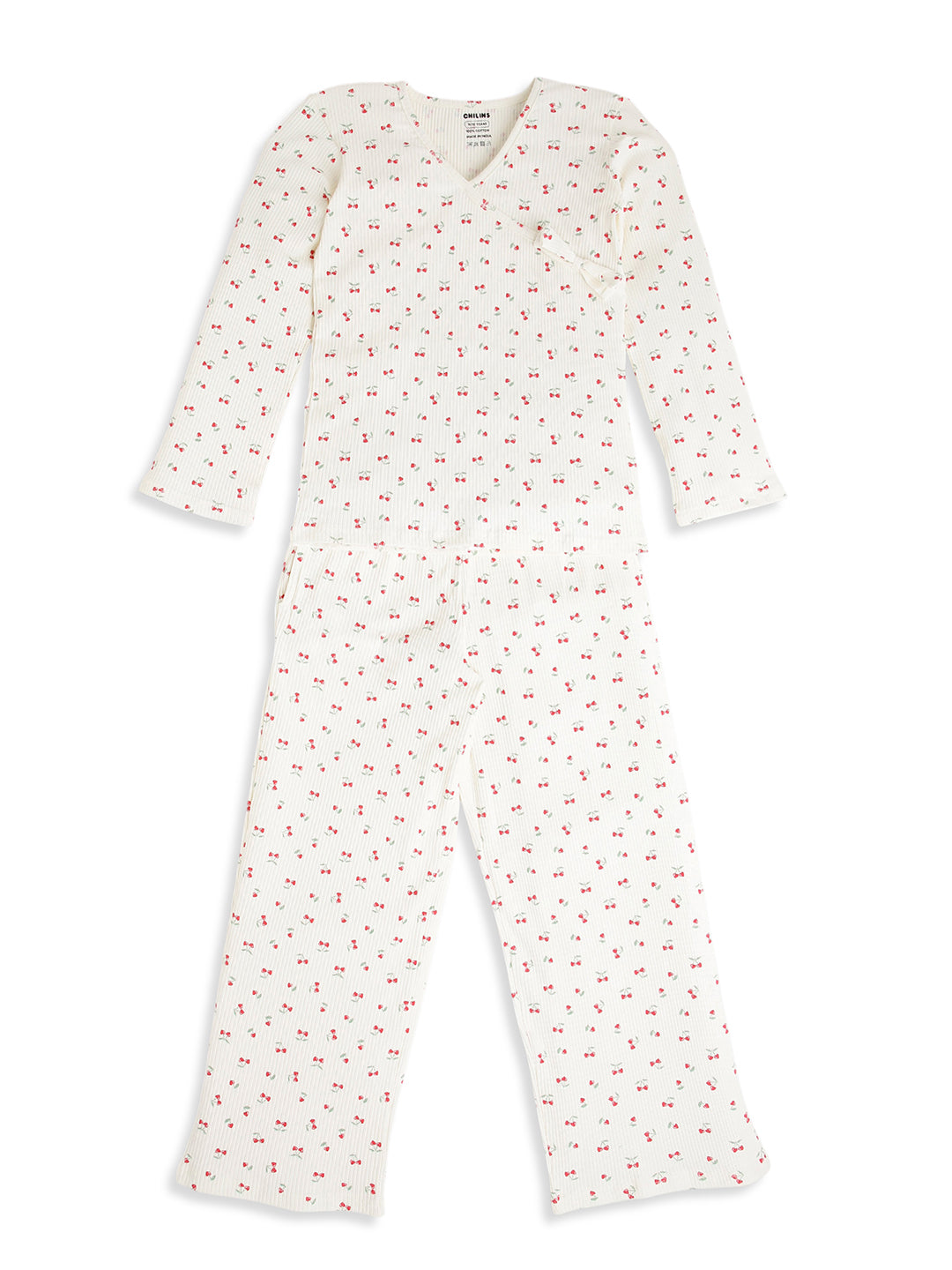 CHILINS Kids Cherry Print Night Suit Set | Soft Ribbed Cotton Full Sleeve Top & Pyjama Set for Girls