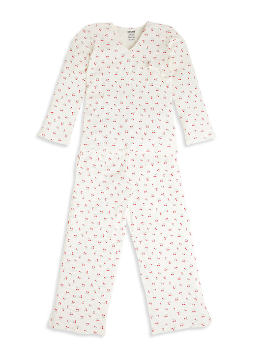 CHILINS Kids Cherry Print Night Suit Set | Soft Ribbed Cotton Full Sleeve Top & Pyjama Set for Girls