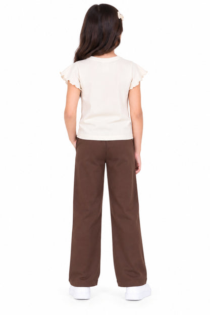 CHILINS Girls Brown Wide Leg Palazzo Pants | Elasticated Drawstring Waist | Side Pockets | Regular Fit | Casual Wear