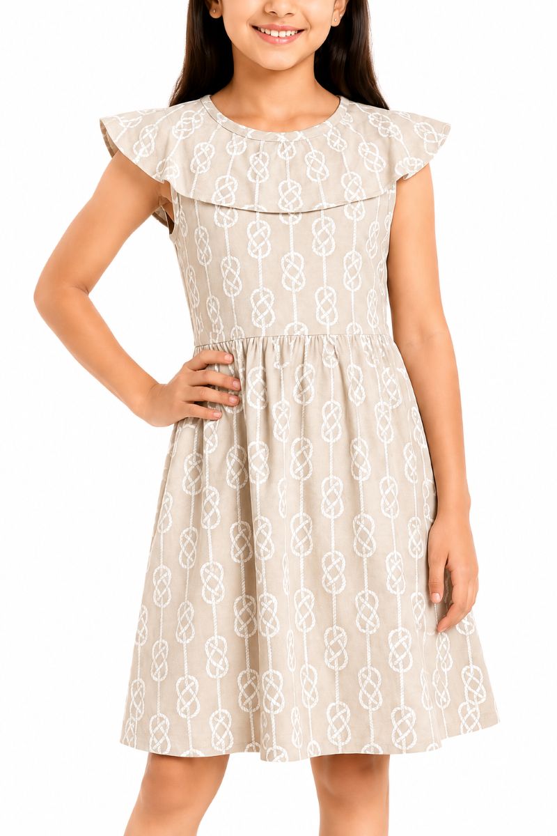 CHILINS Girls Beige Printed Flutter Sleeve Dress