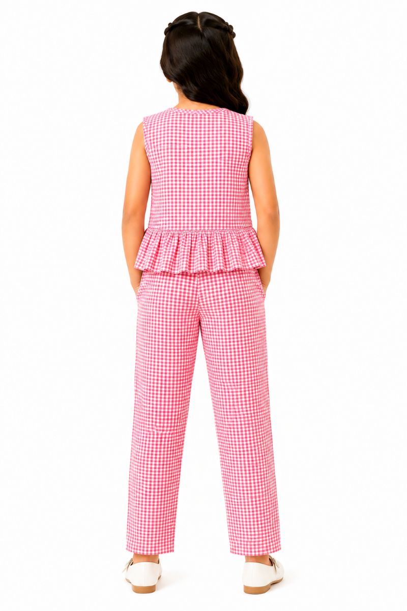 CHILINS Girls Pink & White Gingham Check Ruffle Top with Pants Set