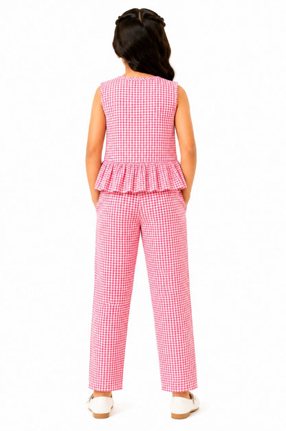 CHILINS Girls Pink & White Gingham Check Ruffle Top with Pants Set