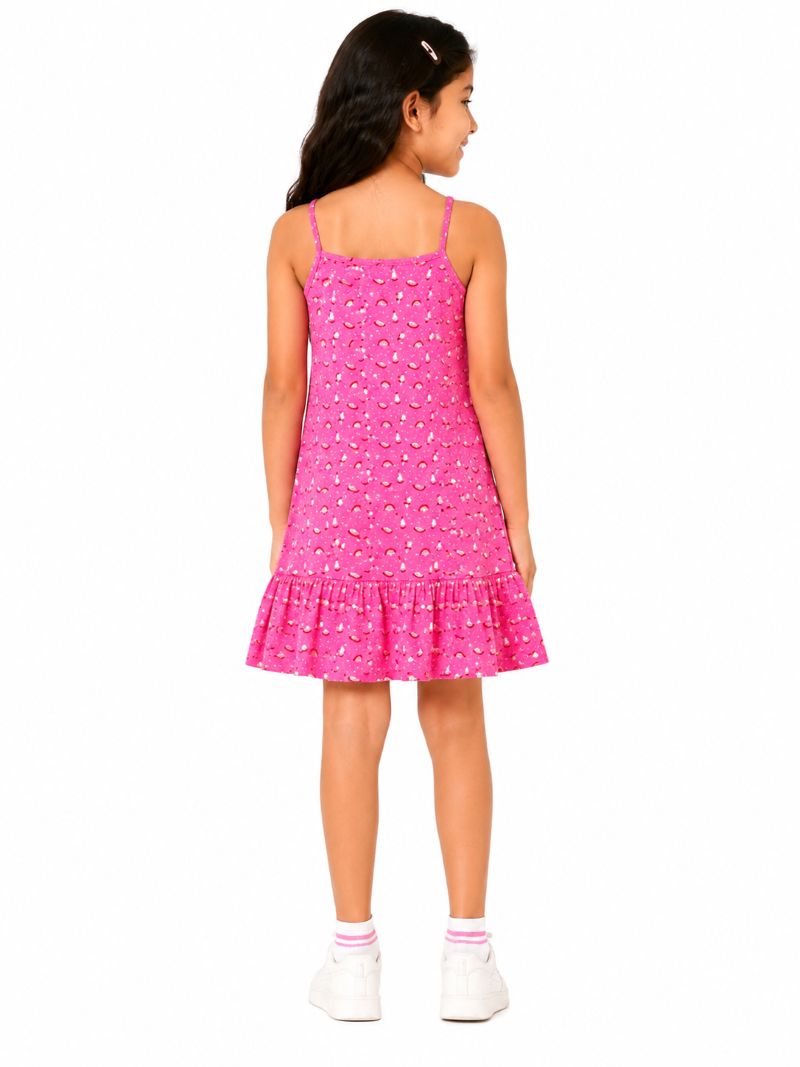 CHILINS Girls Pink Printed Dress | Sleeveless Strappy Casual Dress with Ruffle Hem