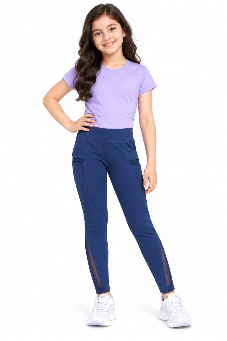 CHILINS Girls Navy Blue Sports Leggings | Activewear Leggings | Mesh Side Panel | Comfortable Fit