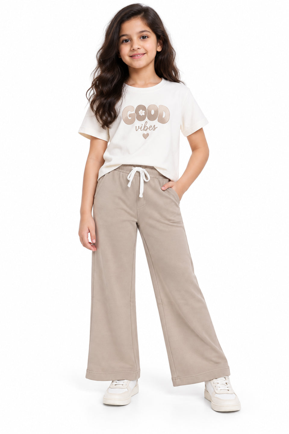 CHILINS Girls Beige Wide Leg Palazzo Pants | Elasticated Drawstring Waist | Side Pockets | Full Length | Regular Fit