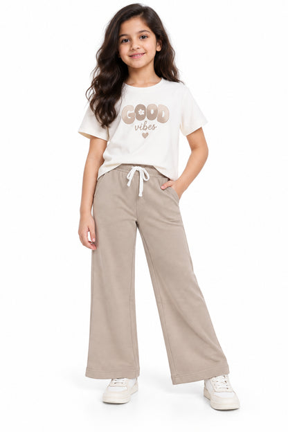 CHILINS Girls Beige Wide Leg Palazzo Pants | Elasticated Drawstring Waist | Side Pockets | Full Length | Regular Fit
