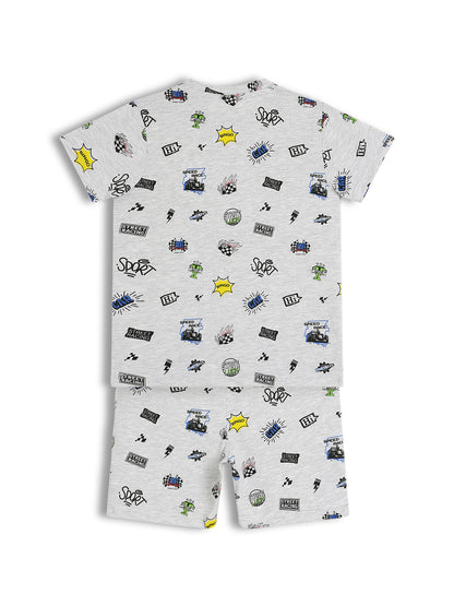 CHILINS Kids Pure Cotton Printed T-Shirt & Shorts Set | Racing Theme Co-Ord Set