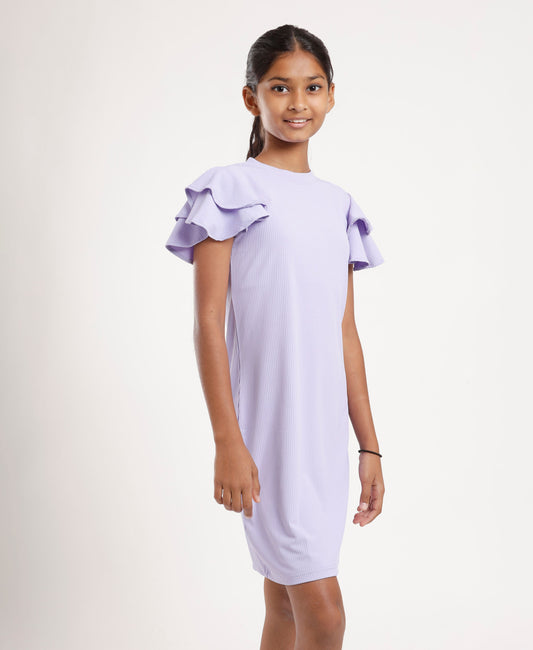 Girls Light Purple Shift Dress | Stylish Ruffle Sleeves | Casual & Outing Wear