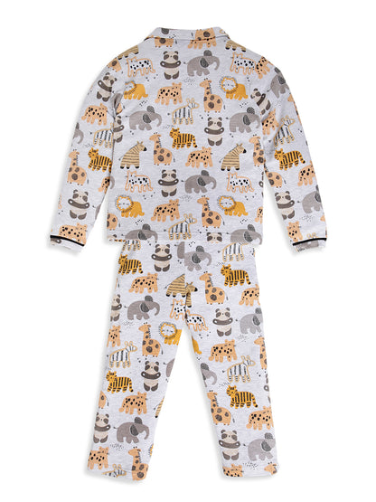 CHILINS Boys Jungle Animal Print Night Suit Set | 100% Pure Cotton Full Sleeve Shirt & Pyjama