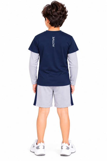 CHILINS Kids Navy Blue & Grey Sports T-Shirt | Boys & Girls | Layered Sleeves | Active Wear