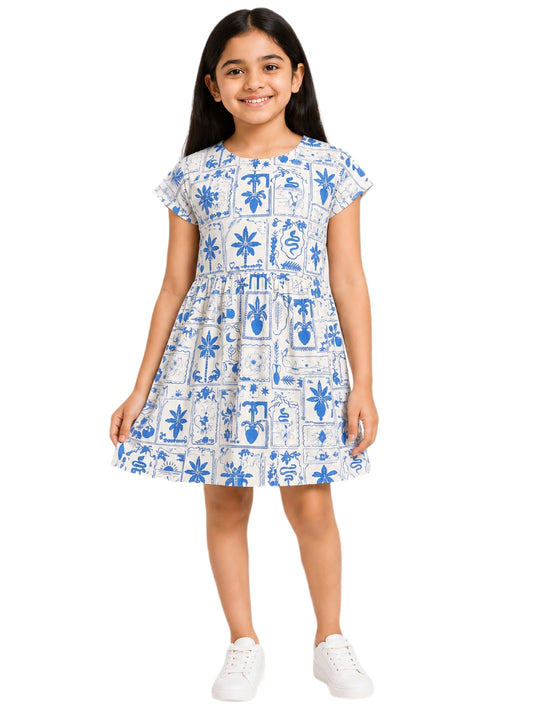 CHILINS Girls Blue & White Printed Fit and Flare Dress – Short Sleeve Casual Party Wear Dress