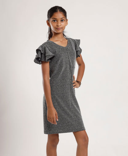 Girls’ Black Printed V-Neck Casual Dress – Soft & Comfortable Short Sleeve A-Line Dress for Everyday Wear
