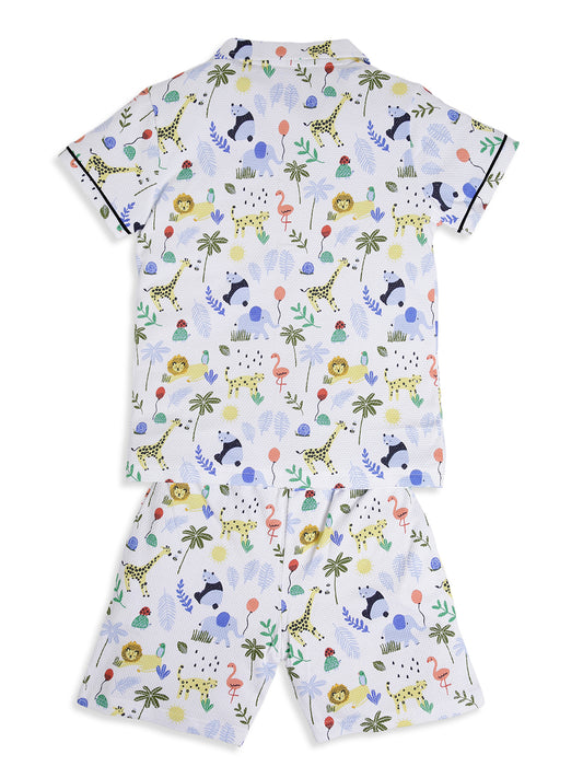 CHILINS Boys Jungle Animal Print Night Suit Set | 100% Pure Cotton Half Sleeve Shirt & Shorts