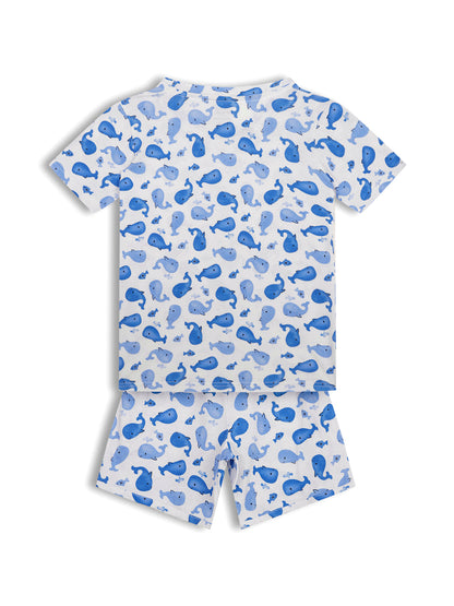 CHILINS Girls Cotton T-Shirt & Shorts Set – White with Blue Shark Print