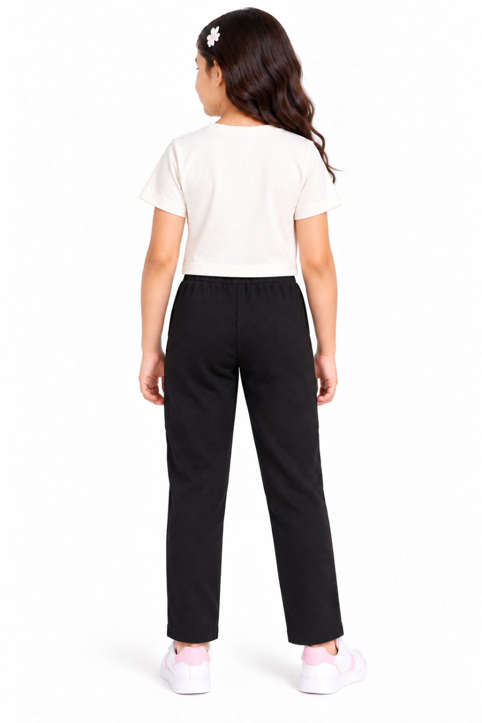 CHILINS Girls Black Cotton Track Pants | Straight-Leg Trousers with Drawstring Waist
