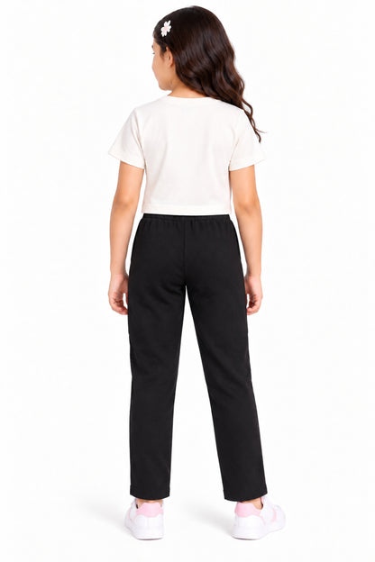 CHILINS Girls Black Cotton Track Pants | Straight-Leg Trousers with Drawstring Waist