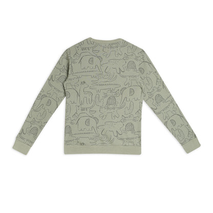 Boys Fleece Printed Round Neck Sweatshirt | Mehandi Animal Cartoon Print