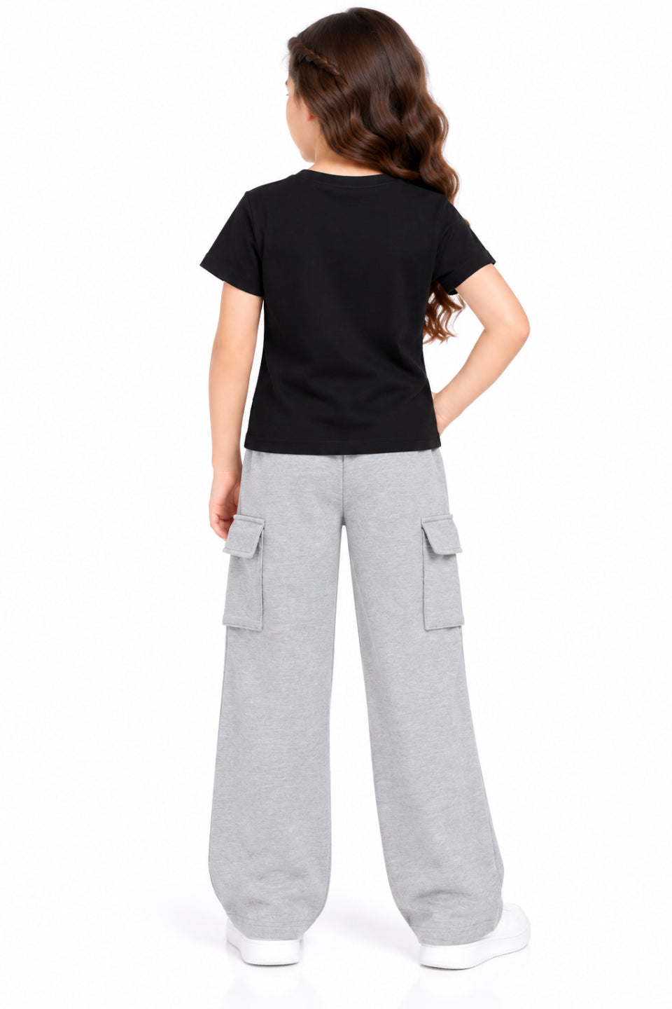 CHILINS Girls Grey Cotton Cargo Track Pants | Wide-Leg Trousers with Drawstring Waist