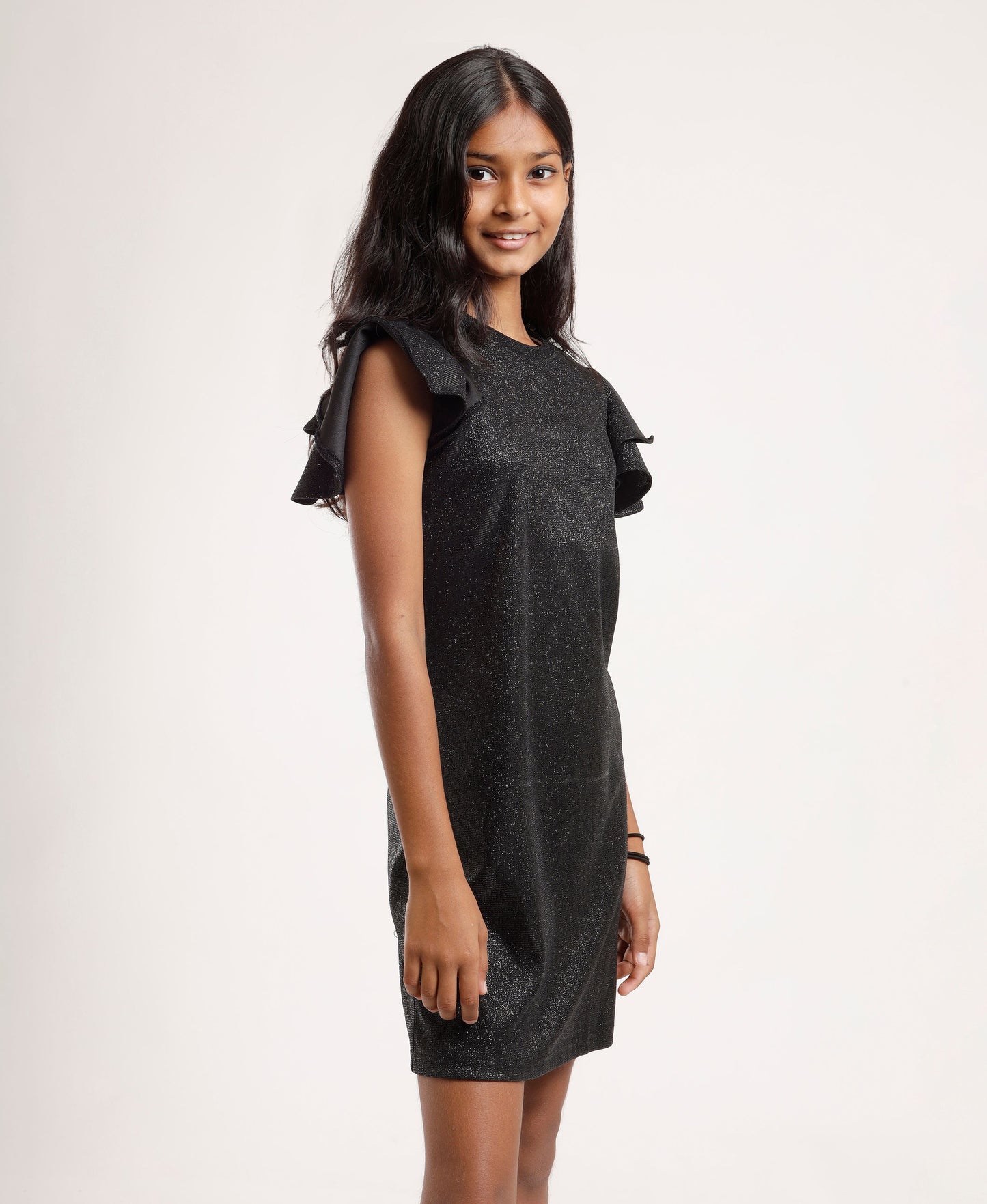 Girls’ Sparkle Black Party Dress with Layered Ruffle Sleeves – Elegant Shimmery A-Line Dress for Kids