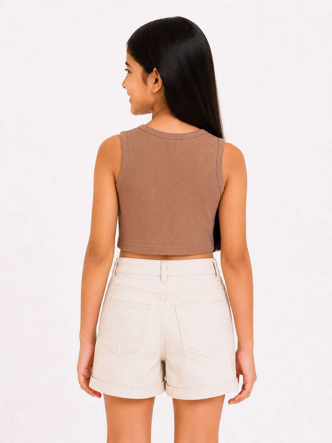 CHILINS Girls Brown & Peach Color Block Sleeveless Crop Top
