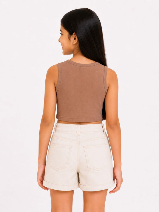 CHILINS Girls Brown & Peach Color Block Sleeveless Crop Top