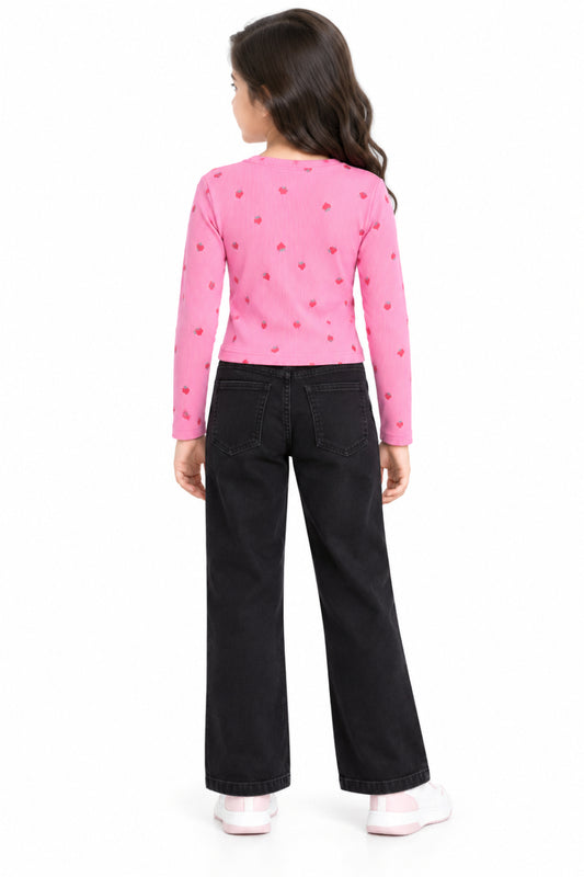 CHILINS Girls Pink Strawberry Print Crop Top | Full Sleeve Round Neck Casual Top