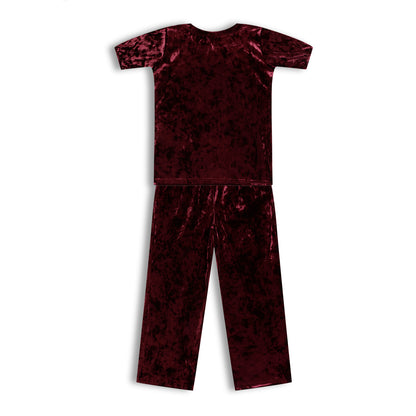 CHILINS Girls Velvet Co-Ord Set | Maroon Top & Pants Set for Kids