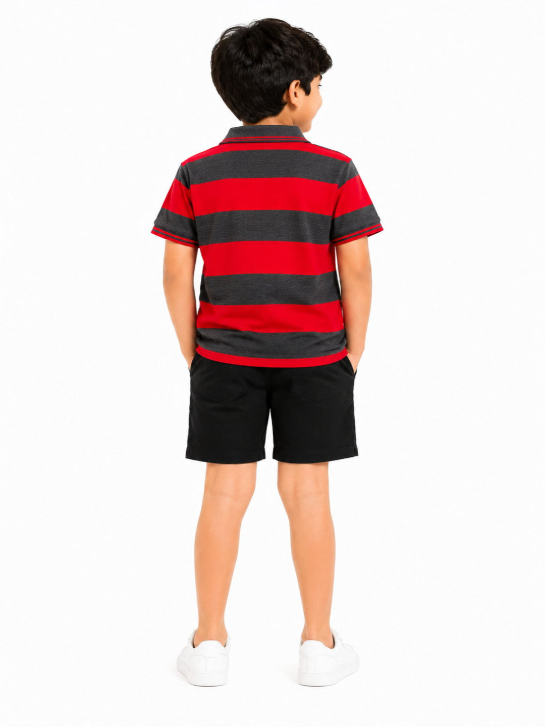 CHILINS Unisex Kids Red & Grey Striped Polo T-Shirt