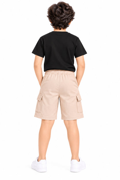 CHILINS Boys Beige Cargo Shorts | Drawstring Waist | Utility Pockets | Knee Length | Regular Fit | Casual Wear