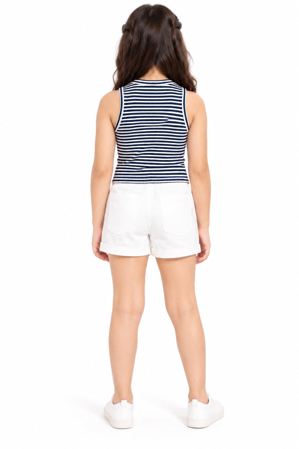 CHILINS Girls Navy Blue & White Striped Crop Top | Sleeveless High Neck Casual Top