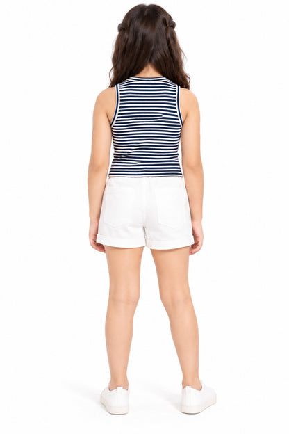 CHILINS Girls Navy Blue & White Striped Crop Top | Sleeveless High Neck Casual Top