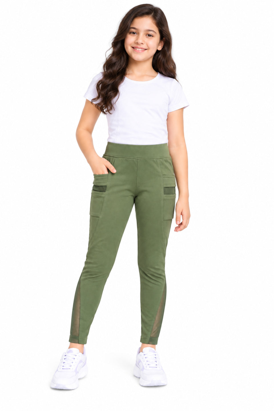 CHILINS Girls Olive Green Sports Leggings | Activewear Leggings | Mesh Side Panel | Comfortable Fit