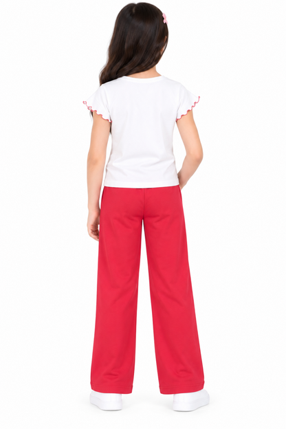 CHILINS Girls Red Wide Leg Palazzo Pants | Elasticated Drawstring Waist | Side Pockets | Full Length | Regular Fit