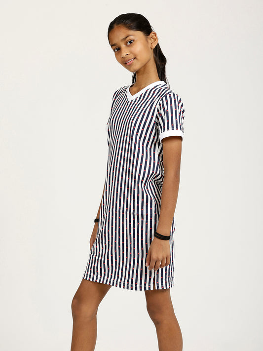 CHILINS Girls Pure Cotton Casual Dress – White & Blue Striped