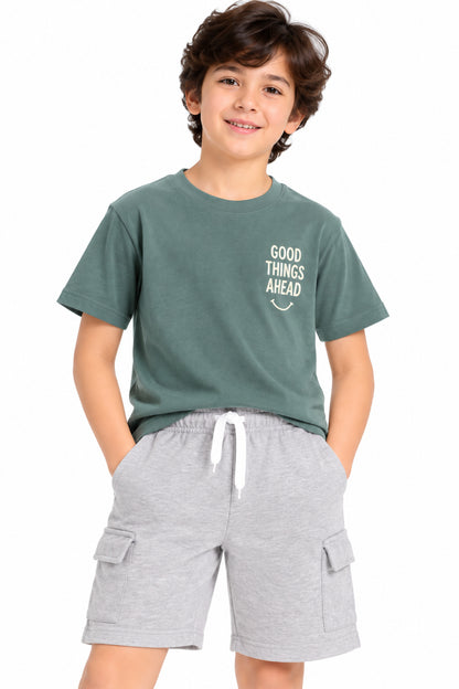 CHILINS Boys Grey Cargo Shorts | Drawstring Waist | Side Utility Pockets | Knee Length | Regular Fit
